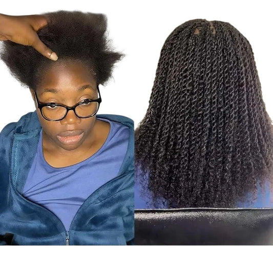RitzWigs Afro kinky bulk human hair extensions shown as natural hair and styled in micro twists on a woman