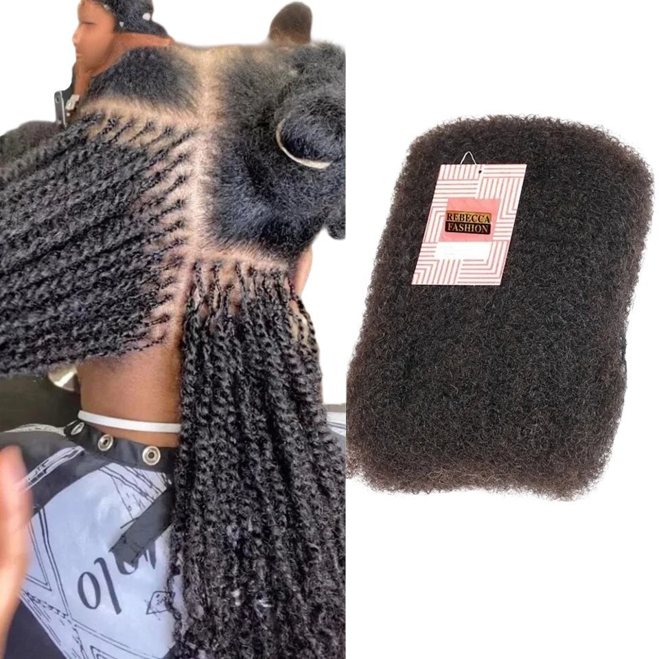 RitzWigs afro kinky bulk human hair extensions for braiding, shown in a natural texture with a styled model.