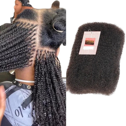 RitzWigs afro kinky bulk human hair extensions for braiding, shown in a natural texture with a styled model.