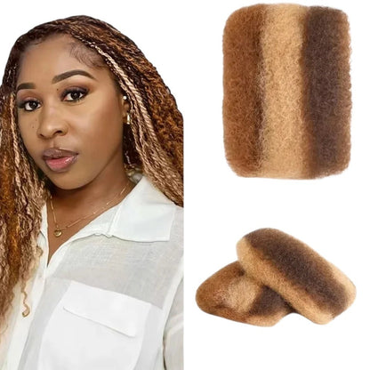 RitzWigs afro kinky bulk human hair in P4/30/27 highlight colour, shown as loose bundles and installed in braids.