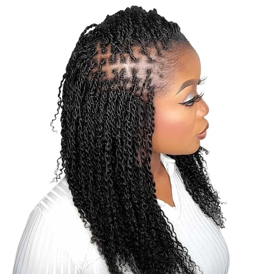RitzWigs Brazilian afro kinky bulk human hair extensions styled in natural black kinky curly twists on a model