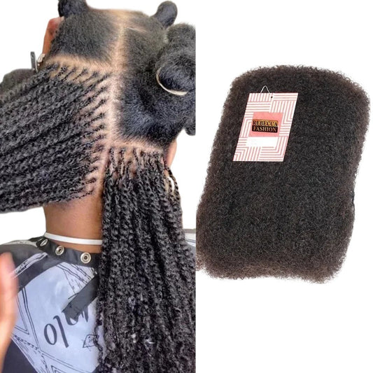 RitzWigs afro kinky bulk human hair extensions shown in a pack and installed as micro twists on a client