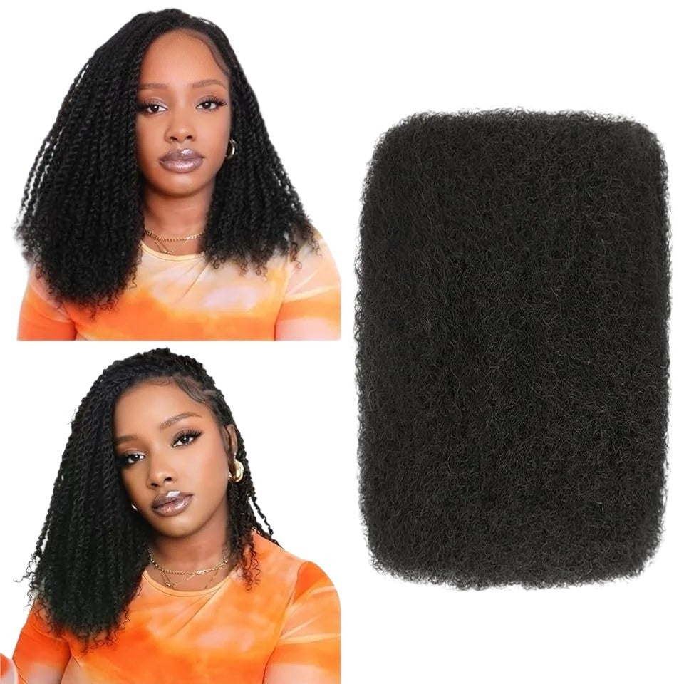 RitzWigs afro kinky bulk human hair bundles for braiding, shown with a model wearing a kinky curly hairstyle.