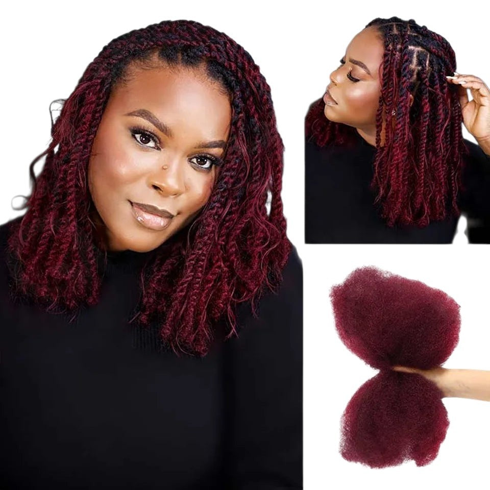 RitzWigs afro kinky bulk human hair in deep red, styled as textured twists on a model for a natural look.