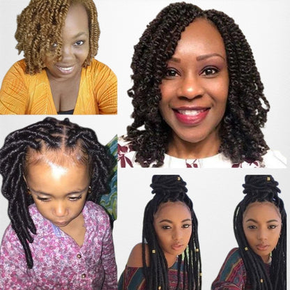 RitzWigs afro kinky curly human hair extensions shown in various braided and twisted hairstyles on diverse models
