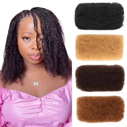 RitzWigs afro kinky curly human hair bulk for braiding in various brown shades, worn by a model with braided hair