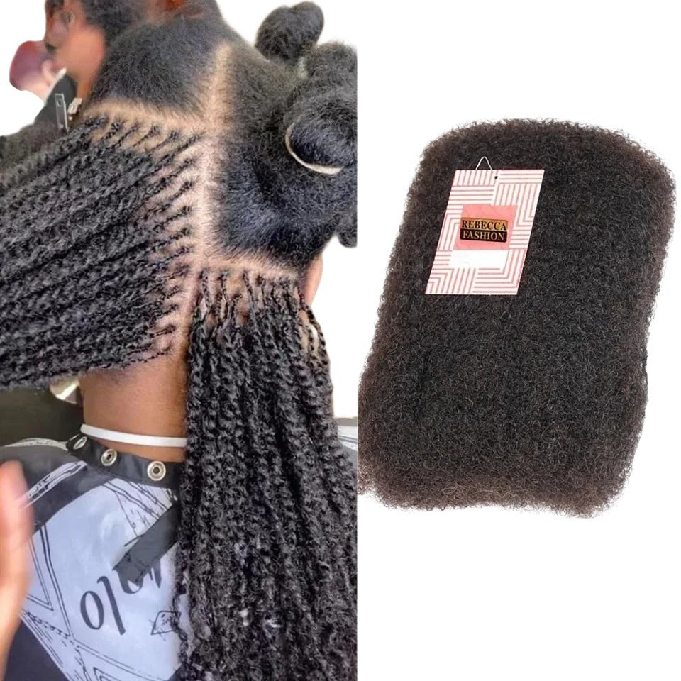 RitzWigs afro kinky curly human hair bulk for braiding, shown as a bundle and installed in micro twists on a model.