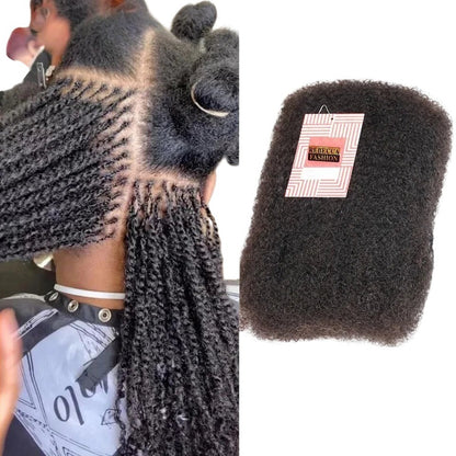 RitzWigs afro kinky curly human hair bulk for braiding, shown as a bundle and installed in micro twists on a model.