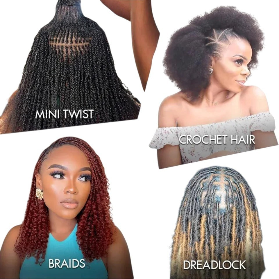 RitzWigs afro kinky curly human hair bulk for braiding, twists, and dreadlocks, shown in various natural hairstyles.