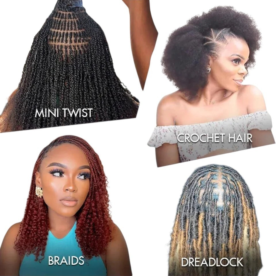 RitzWigs afro kinky curly human hair shown in various styles including mini twists, crochet hair, braids, and locs.