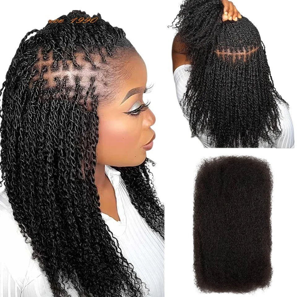 RitzWigs afro kinky curly human hair bulk for braiding, shown as natural black twists on a model and as a loose bundle.