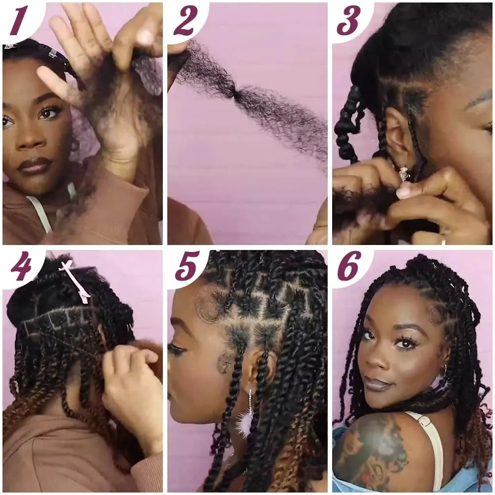RitzWigs afro kinky curly human hair bundle being used by a model to create stylish braided hair extensions