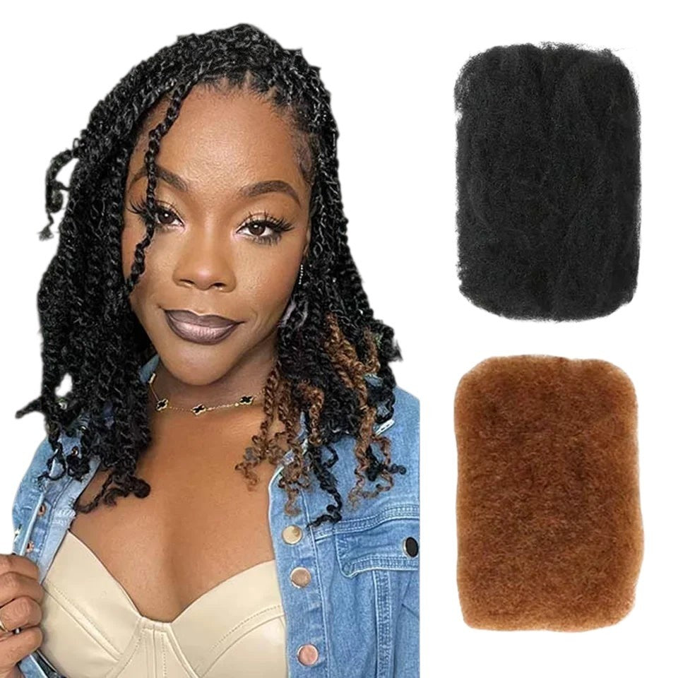 RitzWigs afro kinky curly human hair bulk for braiding in black and brown, shown on a model with twisted braids.