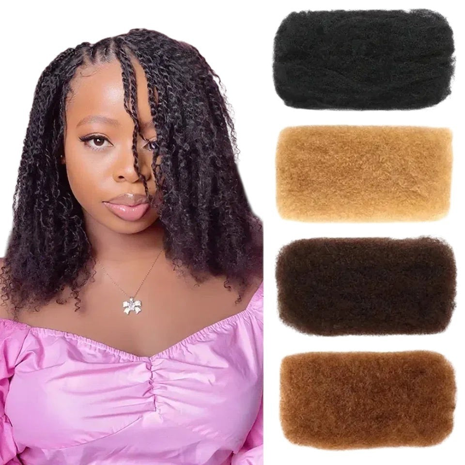 RitzWigs afro kinky curly human hair bulk for braiding, shown on a model and in four different brown and black shades.