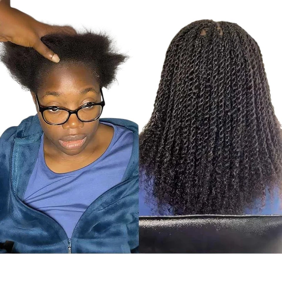 RitzWigs afro kinky curly human hair extensions shown before and after installation in a natural twist style
