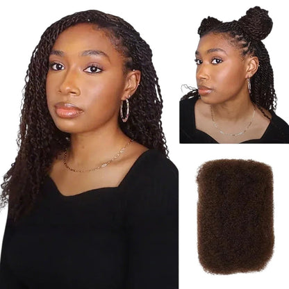 RitzWigs afro kinky curly human hair extensions for braids and twists, shown on a model with a natural dark brown style.