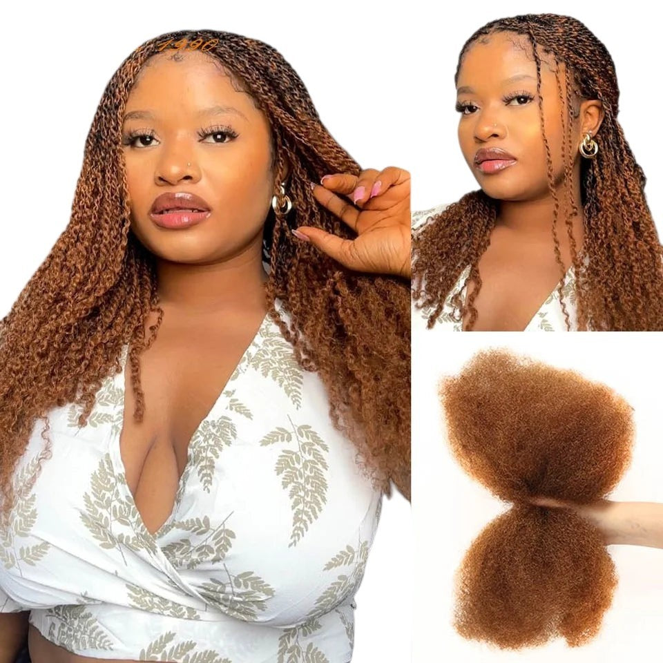 RitzWigs afro kinky curly human hair extensions in a warm brown shade, styled in twists on a model.