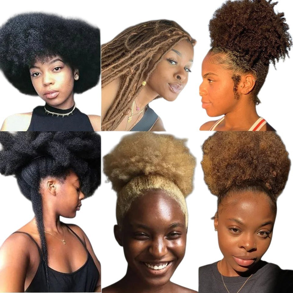 RitzWigs afro kinky curly human hair bulk extensions shown in various natural hairstyles on diverse models