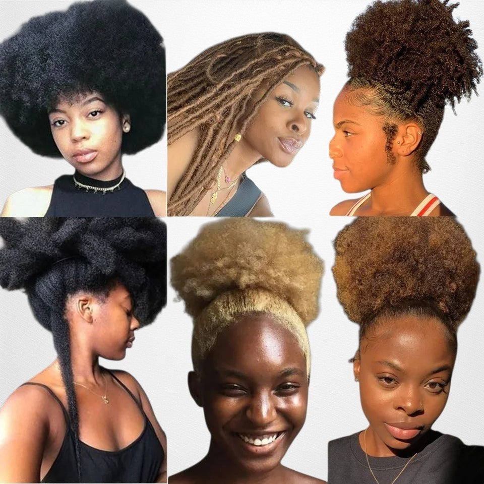 RitzWigs afro kinky curly human hair bulk extensions shown in various natural styles and colours on diverse models