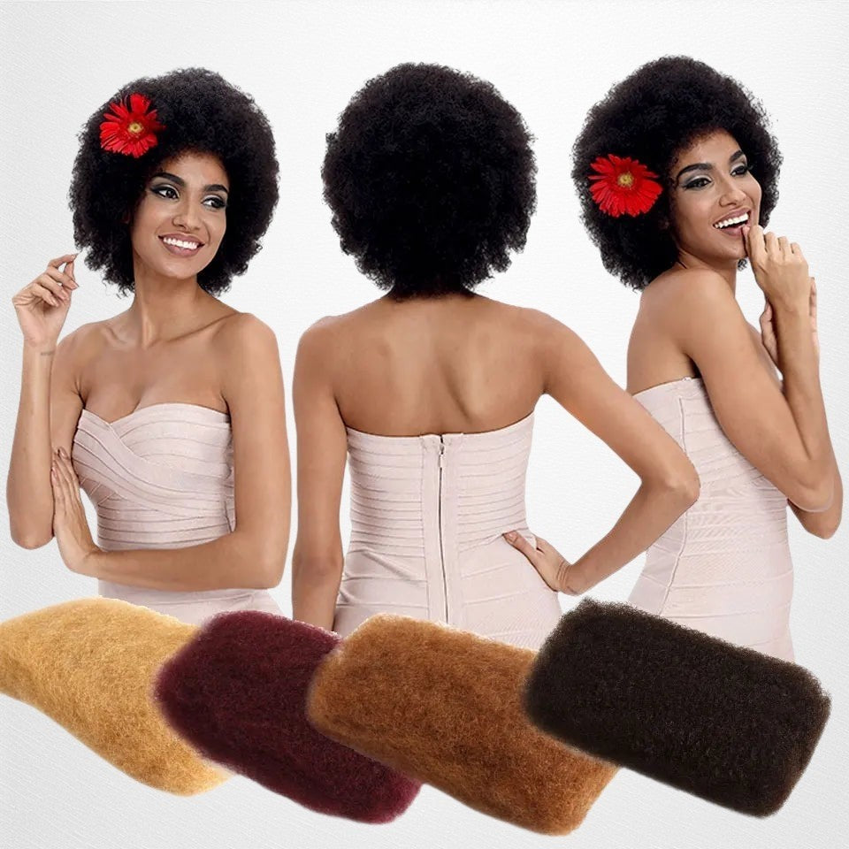 RitzWigs afro kinky curly human hair bundles in natural colours for braiding, shown with a model in an afro hairstyle.