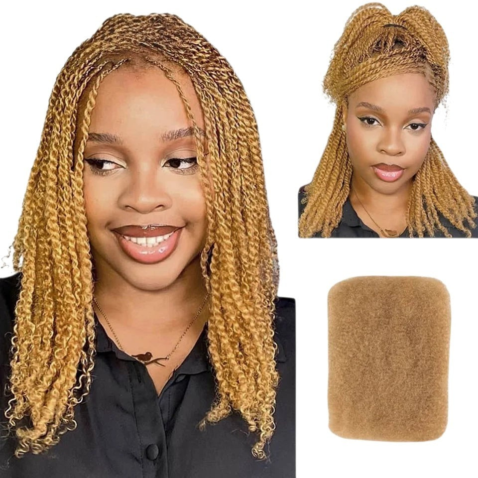 RitzWigs afro kinky curly human hair bulk in highlighted brown tones, shown on a model with braided hair.