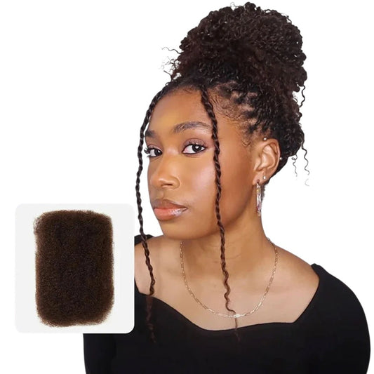 RitzWigs Afro kinky curly human hair bulk extensions in dark brown, styled in a high bun with face-framing twists.