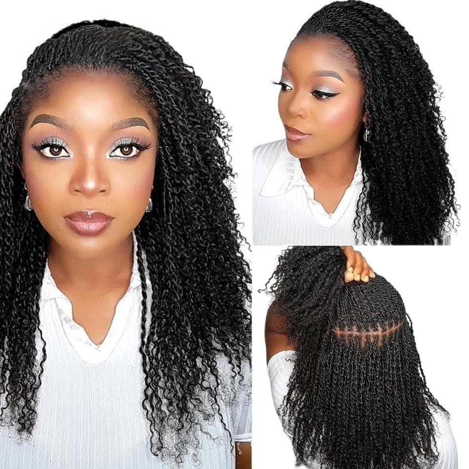RitzWigs afro kinky curly human hair extensions styled in mini twists on a model showing front and back views