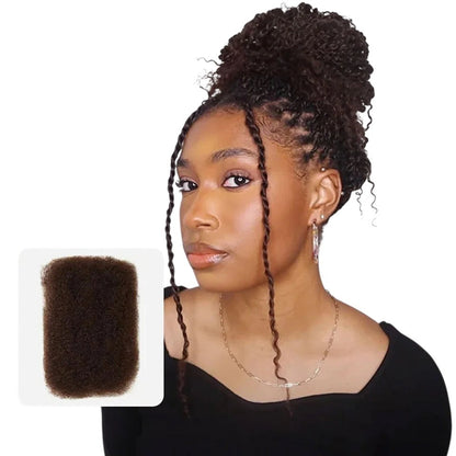 RitzWigs afro kinky curly human hair bulk for braiding in dark brown, styled in a high bun with face-framing twists.