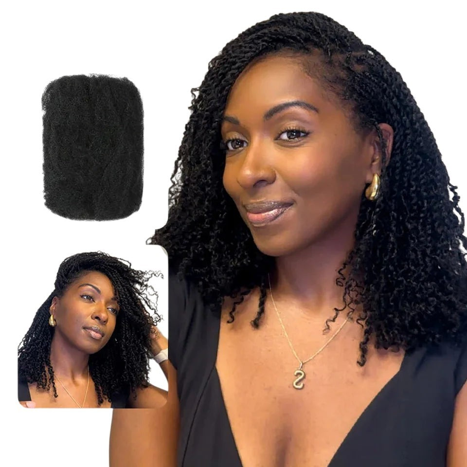 RitzWigs 100% human hair afro kinky bulk for mini twists and locs, worn by a woman with a natural curly hairstyle.