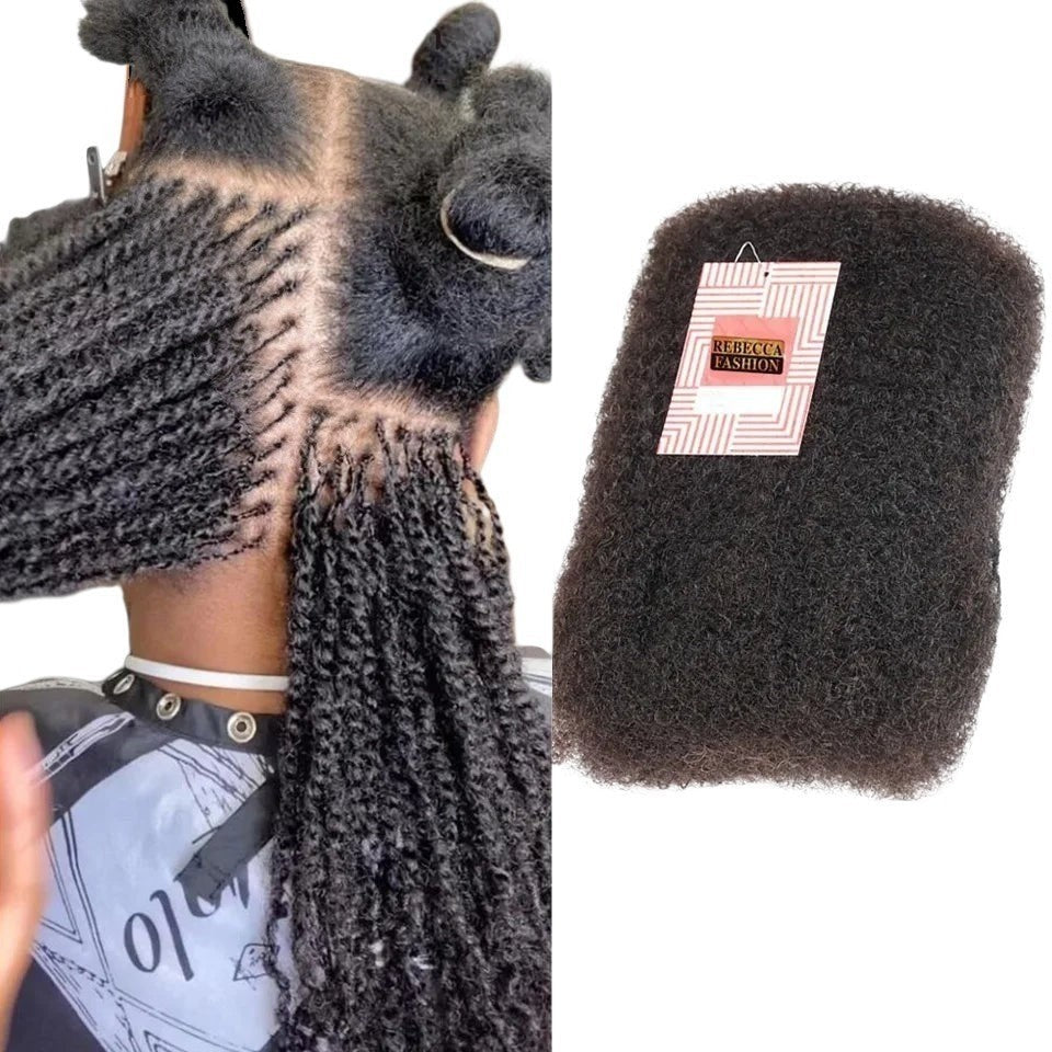 RitzWigs afro kinky bulk human hair extensions for braiding and loc repair, shown in a natural dark texture.