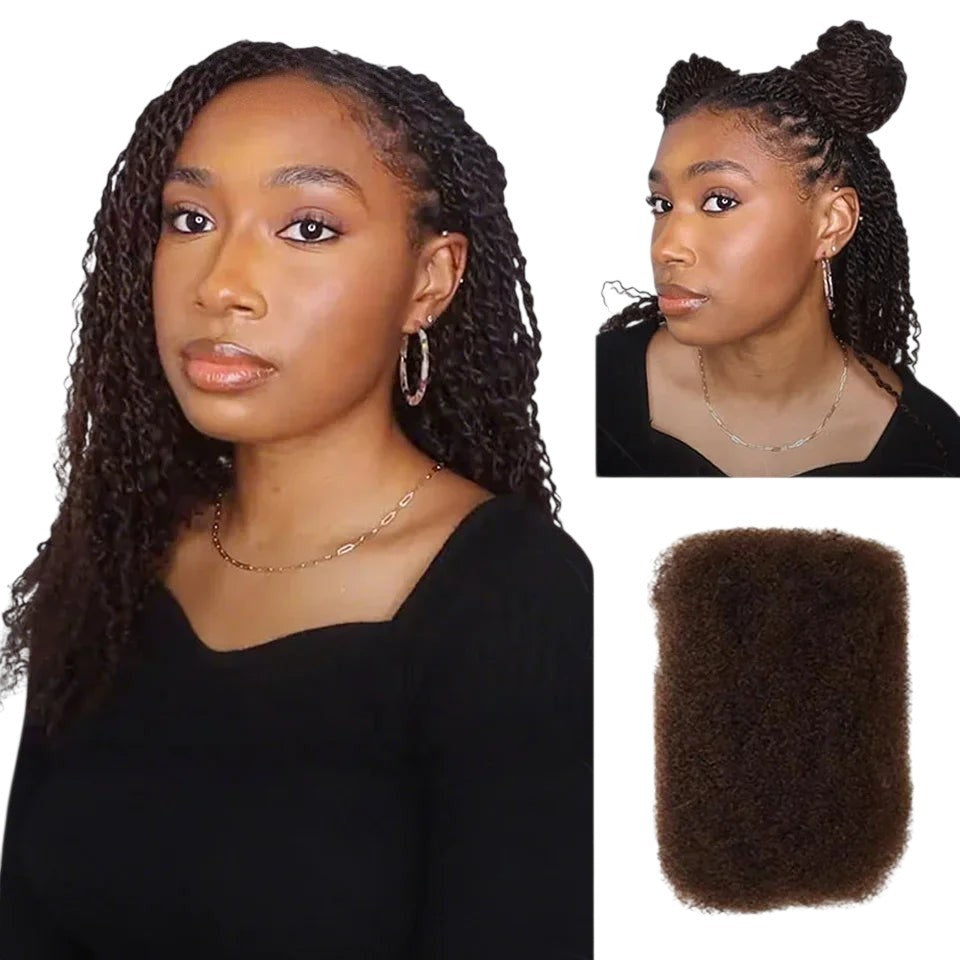RitzWigs afro kinky bulk human hair extensions in natural brown, styled in twists on a model for a soft, curly look.