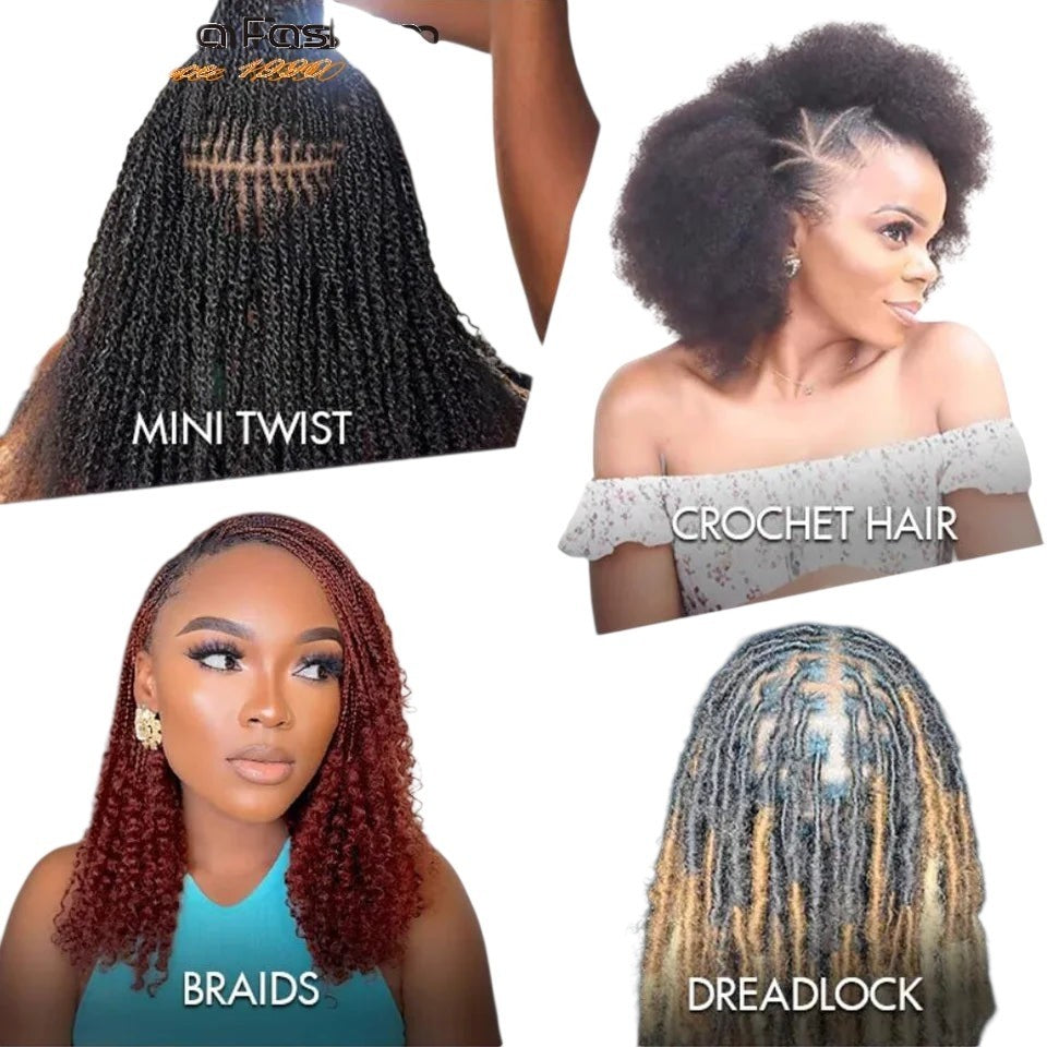 RitzWigs afro kinky bulk human hair bundles shown in various styles including mini twists, braids, and dreadlocks.