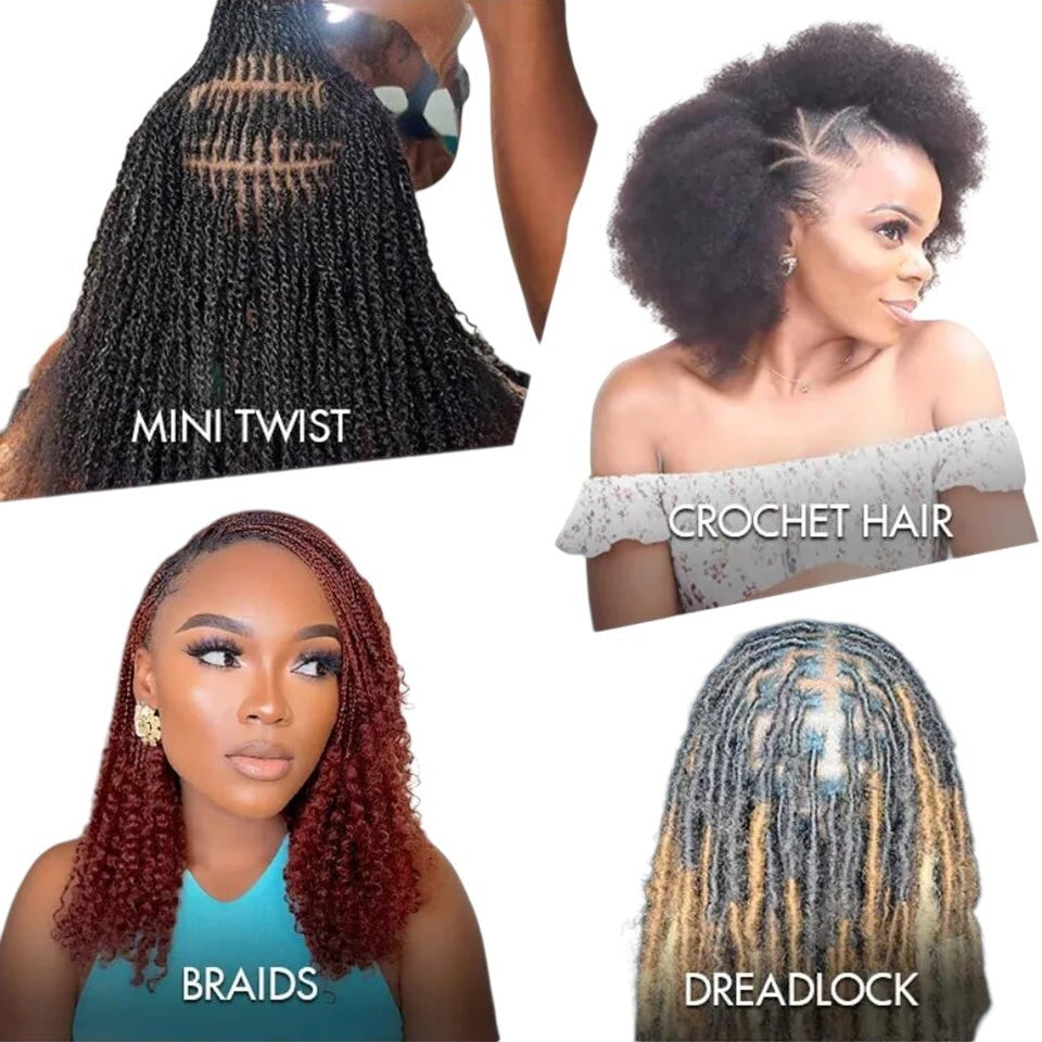 RitzWigs afro kinky human hair bundles shown in various styles including mini twists, crochet hair, braids, and locs.