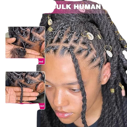 RitzWigs afro kinky human hair extensions used for dreadlock repair and styling on a person with braided hair