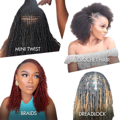 RitzWigs afro kinky bulk human hair shown in various styles including mini twists, crochet hair, braids, and dreadlocks.
