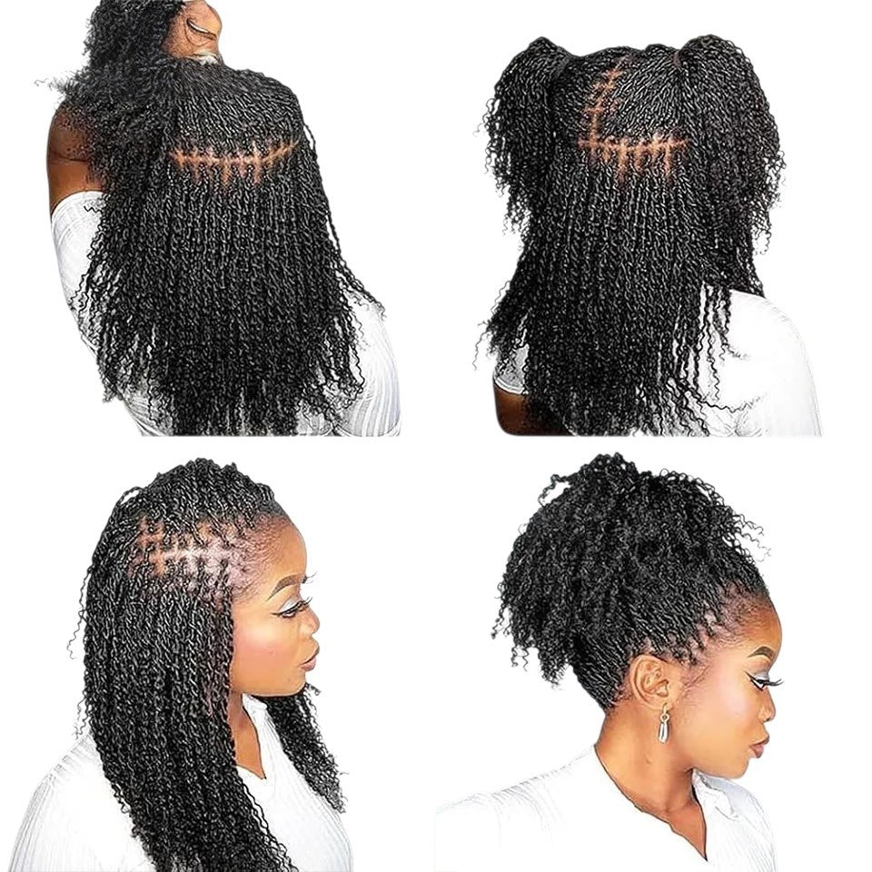 RitzWigs afro kinky human hair bundles styled in mini twists and ponytails on a model with a natural black texture.