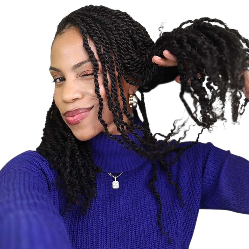 RitzWigs model winking while styling black afro kinky human hair mini twists in a high ponytail