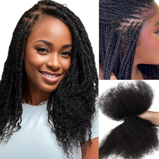 RitzWigs afro kinky bulk human hair used for natural-looking mini twists and dreadlock extensions on a smiling model.