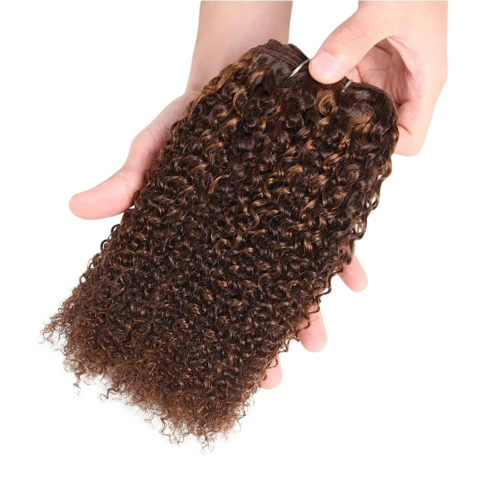 RitzWigs Rebecca Afro Kinky Wave ombre human hair bundle in P4-30 brown curly texture held in hands