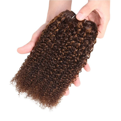 RitzWigs Rebecca Afro Kinky Wave ombre human hair bundle in P4-30 brown curly texture held in hands