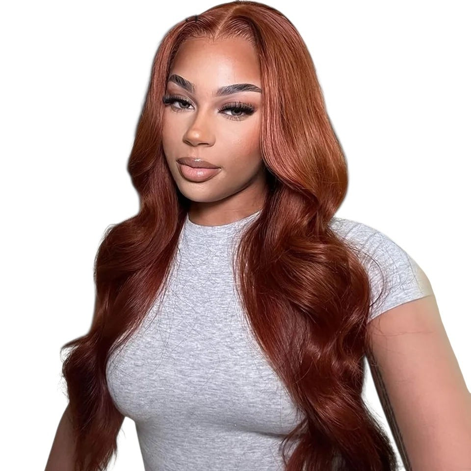 RitzWigs auburn body wave human hair lace front wig worn by a woman with long wavy hair and a natural hairline