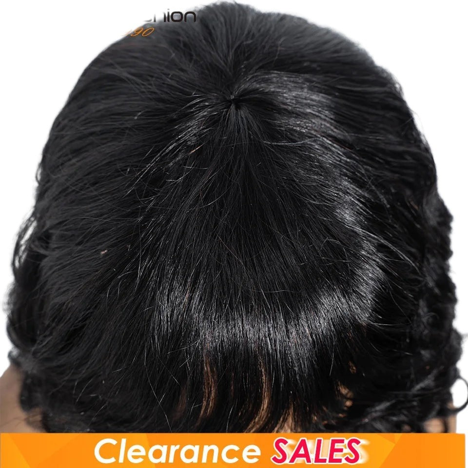 RitzWigs natural black short body wave human hair bob wig with bangs, top view showing realistic scalp detail.