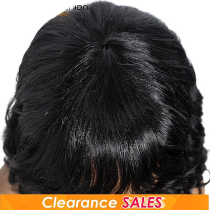 RitzWigs natural black short body wave human hair bob wig with bangs, top view showing realistic scalp detail.