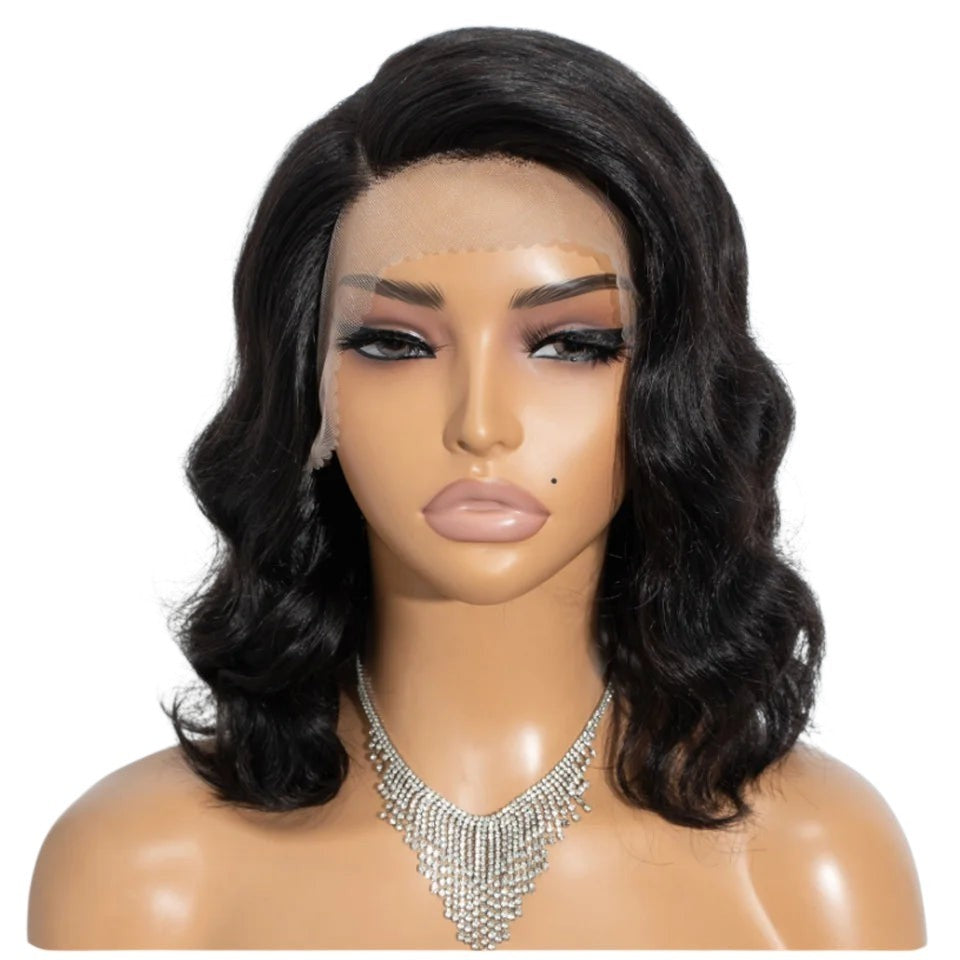 RitzWigs short black body wave bob lace front wig on a mannequin with a side part and transparent lace base