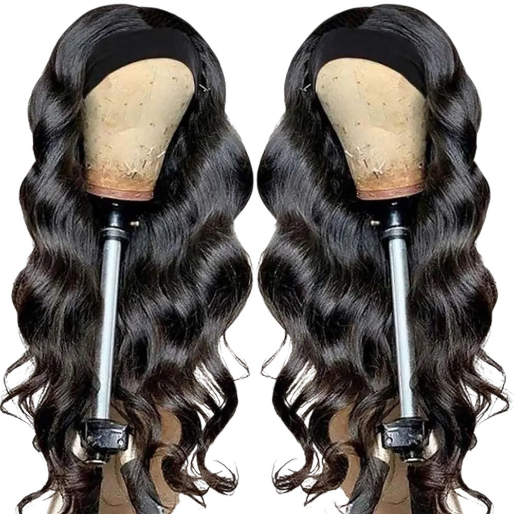 RitzWigs 28-inch black body wave headband wig made from Remy Brazilian human hair on a mannequin head