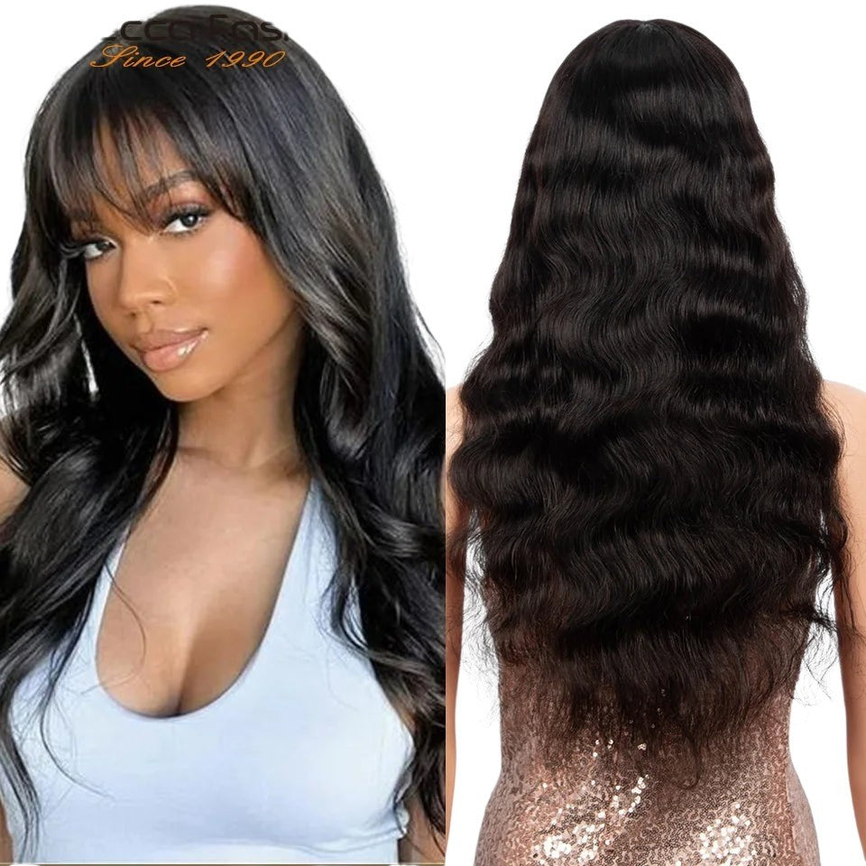 RitzWigs natural black body wave human hair wig with bangs worn by a model and shown from the back