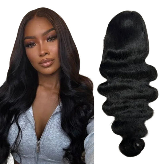 RitzWigs black body wave human hair wig with transparent T-part lace front, worn by a model with long wavy hair.