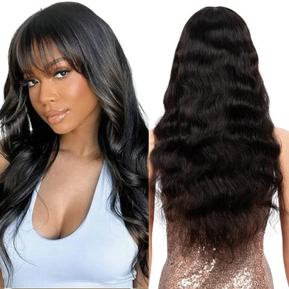 RitzWigs natural black body wave human hair wig with bangs, worn by a model, showing front and back views.