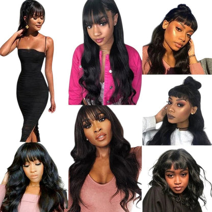 RitzWigs natural black body wave human hair wig with bangs worn by various women in different stylish looks