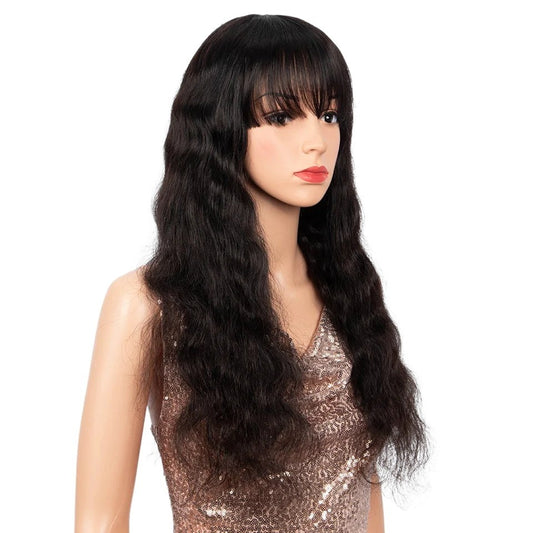 RitzWigs natural black body wave human hair wig with bangs on a mannequin head